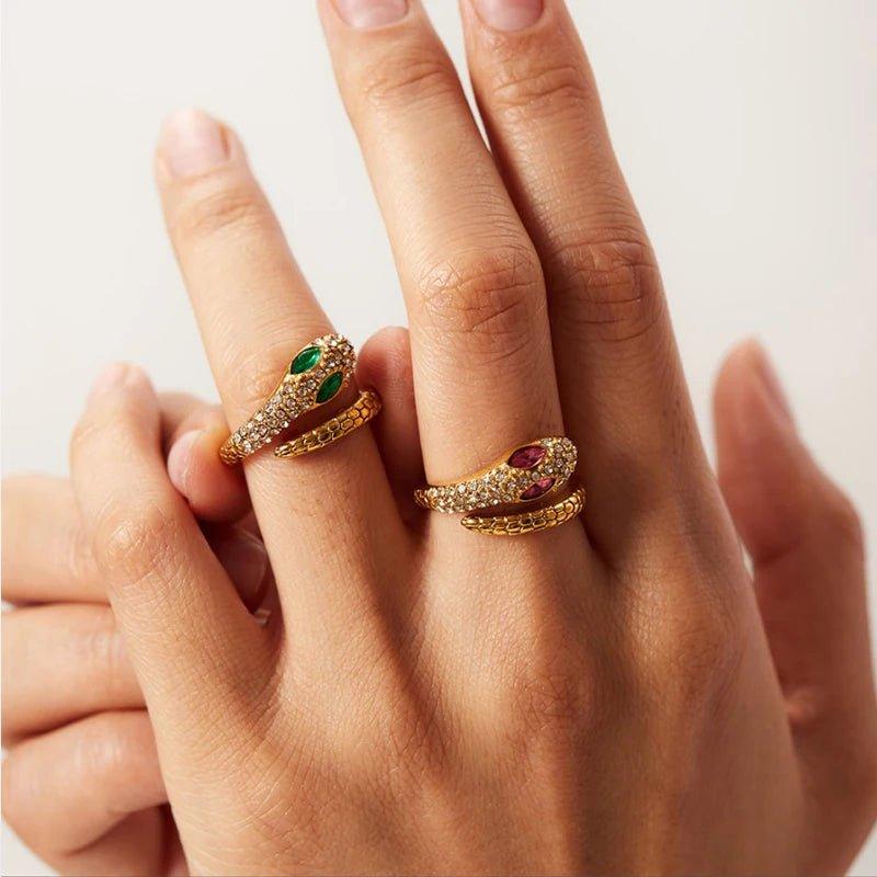 Vintage Hollow Zircon Rings For Women Metal Gold Color Trend Luxury Snake Shape Vintage Trendy Stainless Steel Ring Jewelry - Mechano