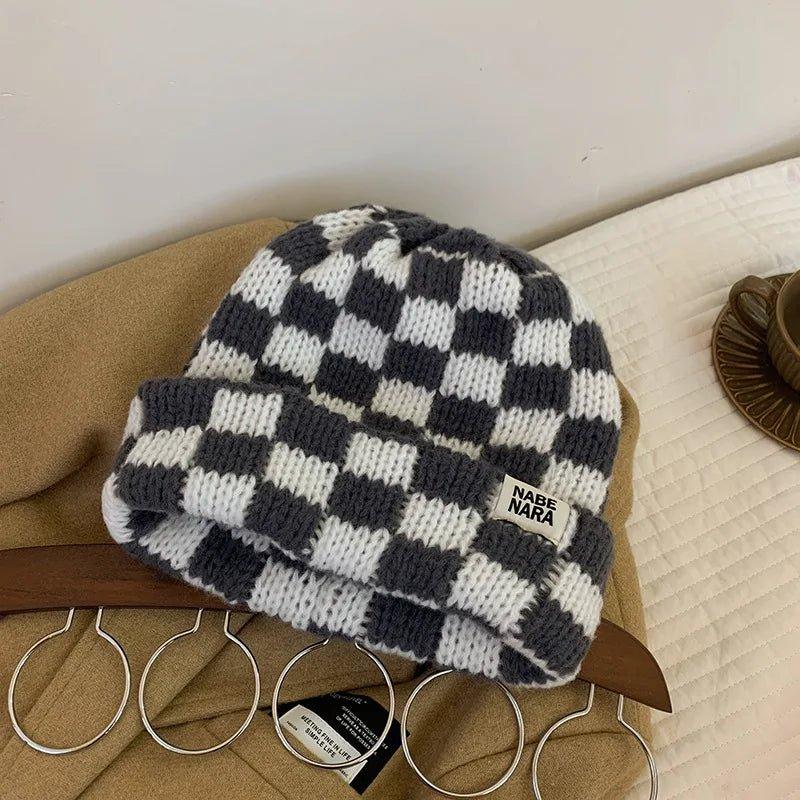 Chessboard Plaid Knit Beanies for Women Winter Korean Ins Niche Big Head Circumference Pullover Hat Japanese Retro Men's Caps - Mechano