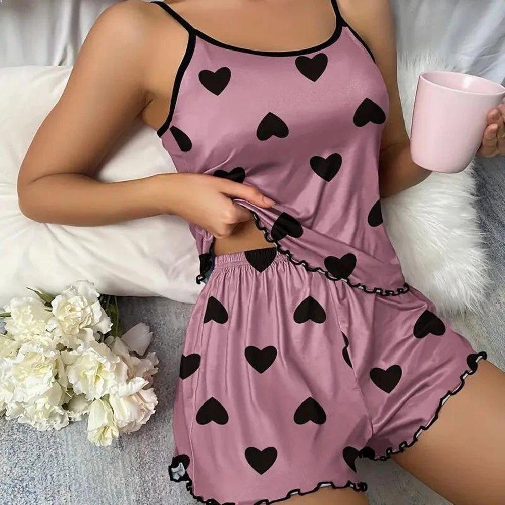 Women Pajamas Sleepwear Pajama Set Camisole Shorts Pink S M L Heart Print Scoop Neck Cami Top Ice Silk Comfortable Casual Summer - Mechano