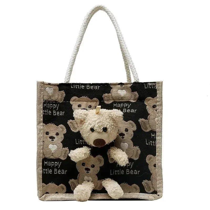 Large Capacity Cartoon Bear Canvas Tote Bag - Eco - Friendly Travel Shoulder Handbag - Mechano