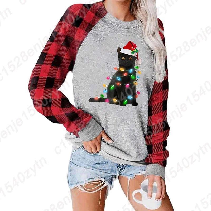 Fashion Clothes Women Long Sleeve Pullover Christmas Black Cat Christmas Light Sweatshirts Ladies T Shirts O - neck Loose T-shirts - Mechano