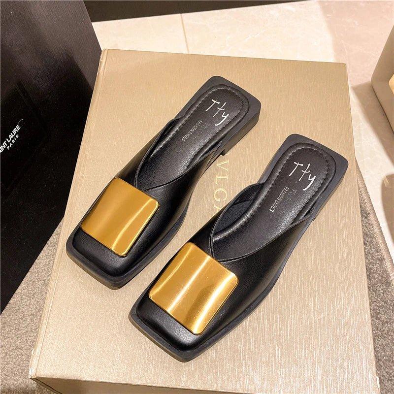 Brand Designer Women Slippers Fashion Metal Buckle Mules Flat Heels Square Toe Shallow Shoes Outdoor Slide Female Casual Sandal - Mechano