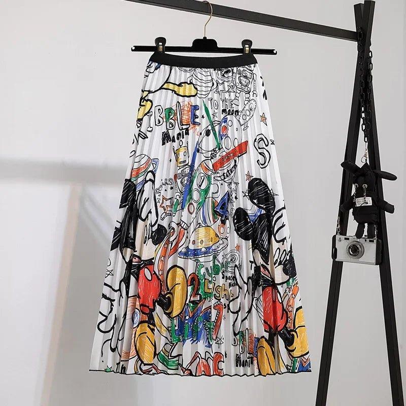 Disney Women Pleated skirt Mickey Mouse New Cartoon Print Long Skirts Women Young Girl street styl Large Size Female Falda Y2K - Mechano