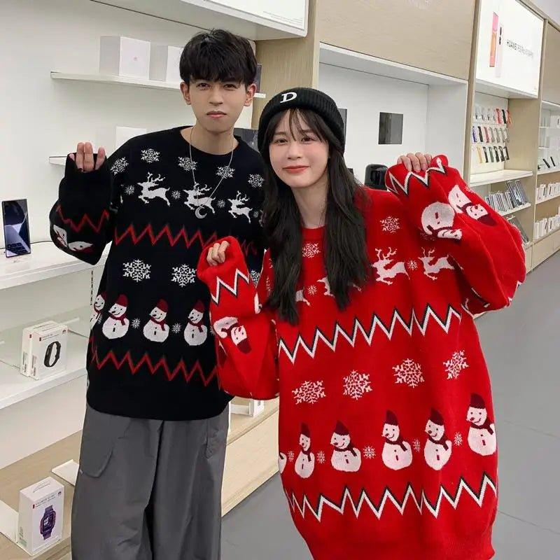 Christmas red christmas style elk costume lazy style couple dress red and black sweater - Mechano