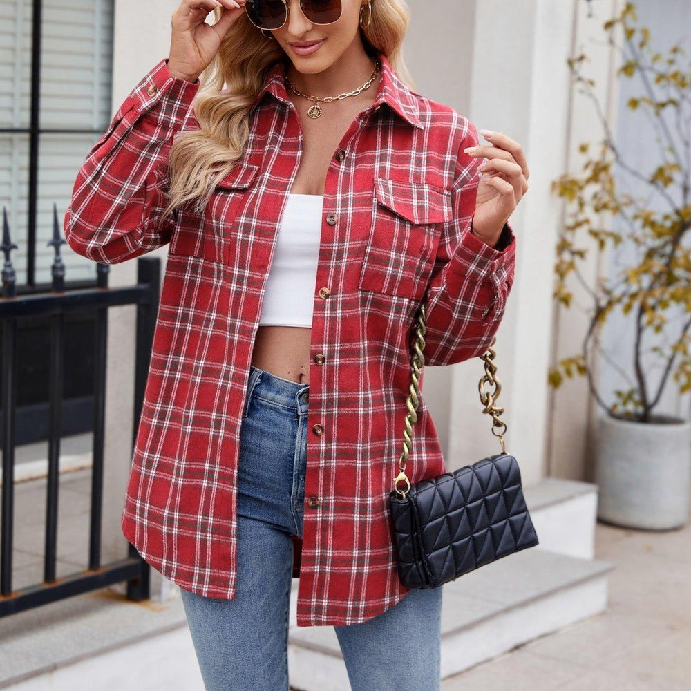 Casual Fashion Loose Plaid Pocket Shirt For Women - Mechano