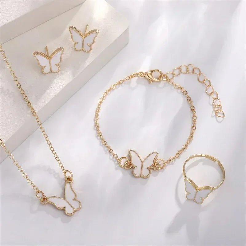 4Pcs Butterfly Jewelry Sets Pink White Romantic Bracelet Ring Necklace Earrings Set Wedding Dress Accessories Women Xmas Gift - Mechano