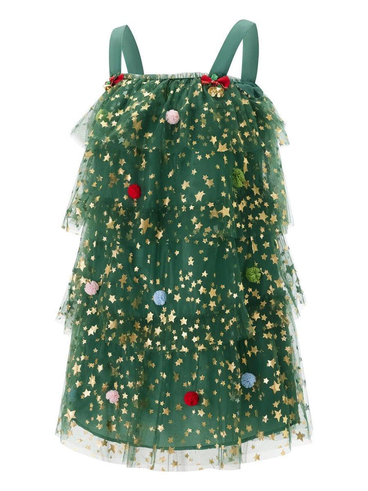 Women s Christmas Tree Dress Glitter Star Sleeveless Loose Layered Tulle Dress Holiday Mini Dress - Mechano