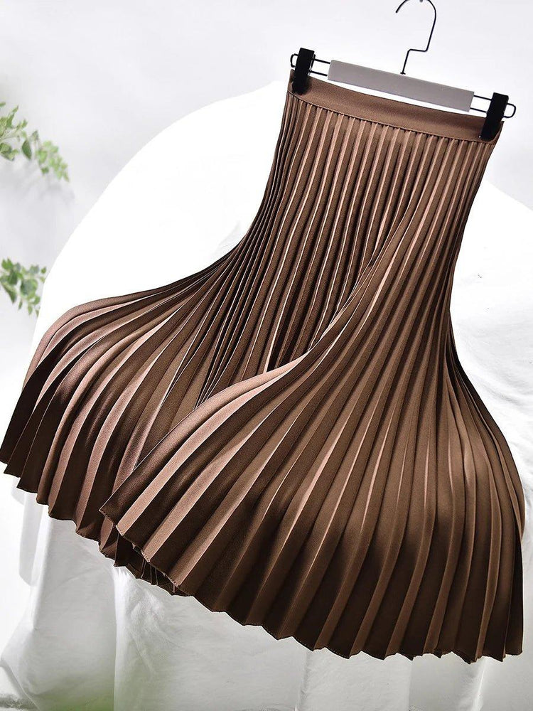 Brand Designer Women Spring Autumn Elegant Chic Solid Pleated Skirt High Waist Luxury Fashion With Elastic Female C - 035 - Mechano