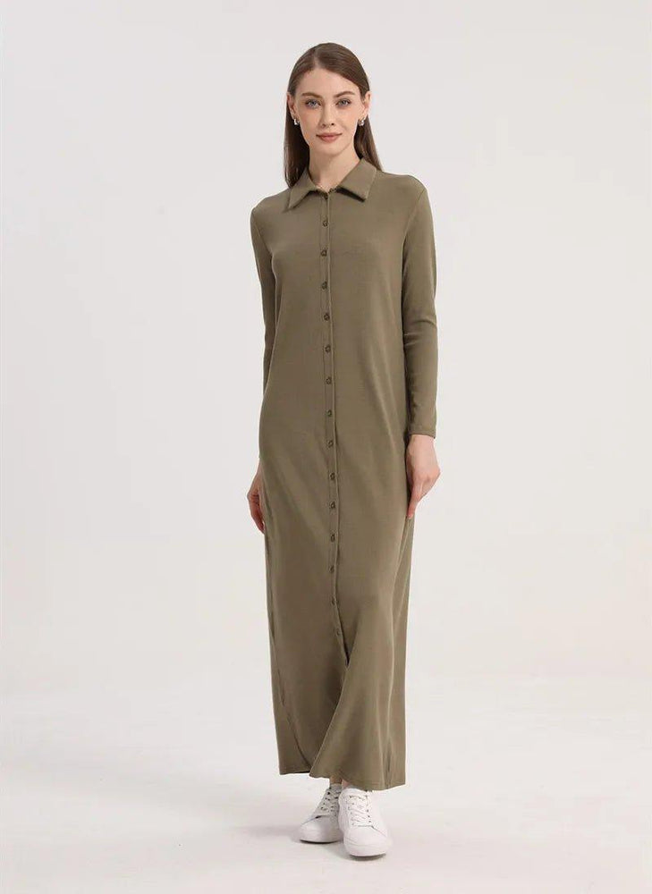 AS maxi dress button design woman clothes full sleeve Ankle Length comfortable ribbing clothing ( Ship out in 1 day) - Mechano