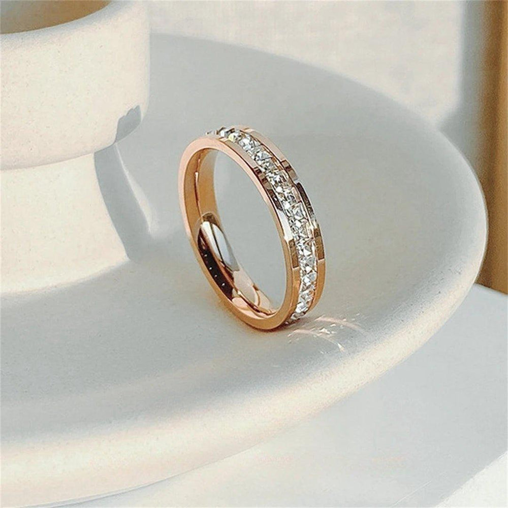 Luxury Rose Gold Double Rowed Square Zircon Stainless Steel Ring Women's Romantic Engagement Wedding Party Jewelry Women Gift - Mechano